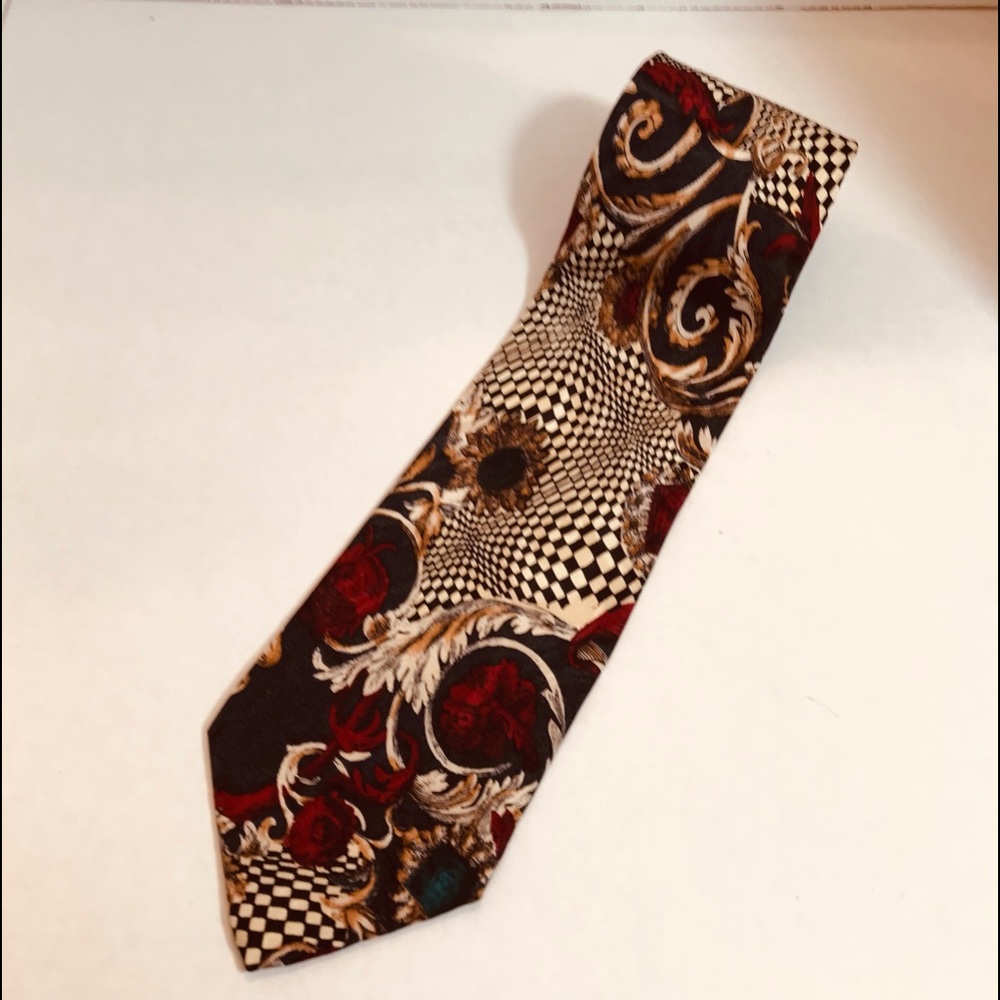 Cabralli 100% silk men’s tie Navy burgundy black print Has illusion it's moving